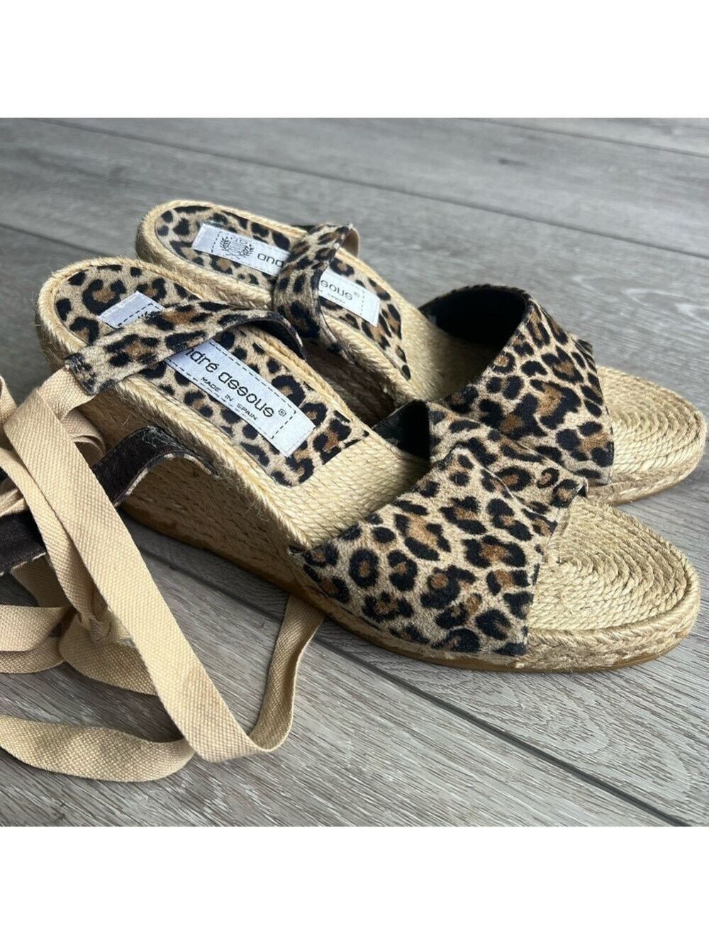 Andre Assous made in Spain ankle tie Leopard Print Espadrille Wedges 8.5